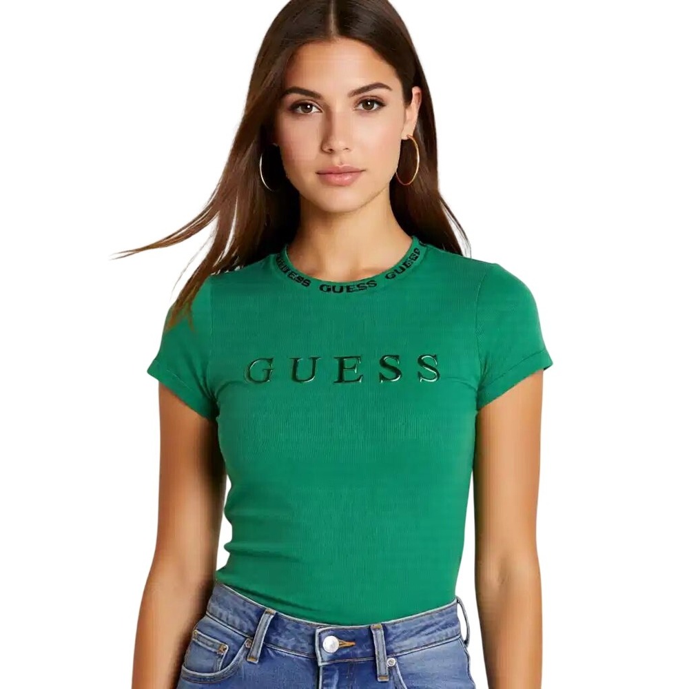 Guess Women‎ Green Ribbed Embroidered Logo T-Shirt Crew Neck L NWT